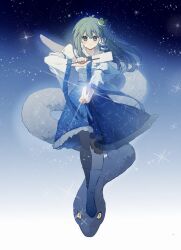 1girl absurdres animal antenna_hair bare_shoulders blue_eyes blue_skirt blue_trim breasts closed_mouth collared_shirt commentary_request crossed_bangs detached_sleeves fighting_stance floating_hair frilled_skirt frills frog_hair_ornament full_body gohei green_hair hair_ornament hair_tubes highres holding holding_gohei iwakoo kochiya_sanae light_blush light_smile long_hair long_sleeves looking_at_viewer no_shoes patterned_clothing print_skirt riding riding_animal shirt single_hair_tube skirt sky sleeve_ribbon sleeveless sleeveless_shirt slit_pupils snake snake_hair_ornament socks solo sparkle standing star_(sky) starry_sky touhou white_socks wide_sleeves wind wing_collar