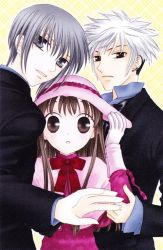 1girl 2boys black_neckwear bow brown_eyes brown_hair capelet earrings formal_clothes fringe_trim fruits_basket gloves grey_eyes grey_hair hand_on_headwear hat highres honda_tooru jewelry looking_at_viewer multicolored_hair multiple_boys necktie official_art plaid_background smile sohma_hatsuharu sohma_yuki suit two-tone_hair