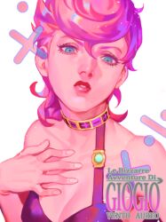 1girl black_shirt blue_eyes breasts choker cleavage collarbone copyright_name eyelashes fingernails hair_between_eyes jojo_no_kimyou_na_bouken light_particles lipstick makeup parted_lips shirt solo trish_una vento_aureo white_background zoo_(oukakumaku)