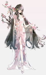 1girl absurdres ankle_ribbon arm_ribbon blunt_bangs bow branch brown_eyes brown_hair closed_mouth commentary commission dongsen_xuntu dress english_commentary expressionless eyelashes flower footwear_bow frilled_dress frills full_body grey_background grey_bow grey_ribbon grey_shoes hair_ornament hairclip high_heels highres holding holding_flower leaf leg_ribbon light_blush long_dress long_hair looking_at_viewer original parted_bangs pink_bow pink_dress pink_flower pink_ribbon puffy_short_sleeves puffy_sleeves pumps ribbon shoes short_sleeves side_slit simple_background solo standing tassel very_long_hair