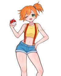 1girl ;d blue_shorts blush breasts crop_top denim denim_shorts eyelashes gen_1_pokemon green_eyes gym_leader hand_on_own_hip hand_up highres holding holding_poke_ball knees legs looking_at_viewer midriff misty_(pokemon) navel nintendo one_eye_closed open_mouth orange_hair poke_ball poke_ball_(basic) pokemon pokemon_(anime) pokemon_(classic_anime) pokemon_rgby ponytail shiny_skin shirt short_hair short_shorts shorts side_ponytail sleeveless sleeveless_shirt smile solo standing suspenders tank_top thighs tongue vivianvalenart wink yellow_shirt