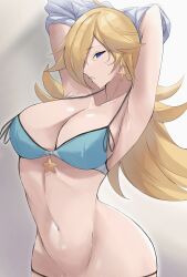 1girl absurdres armpits arms_up bare_shoulders blonde_hair blue_bra blue_eyes bra breasts calmgreentori cleavage earrings hair_over_one_eye highres jewelry large_breasts lifting_own_clothes long_hair looking_at_viewer mario_(series) navel nintendo panties rosalina simple_background solo star_(symbol) star_earrings stomach super_mario_galaxy underwear undressing upper_body