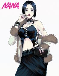 Rule 34 | 1girl, bag, bare shoulders, belt, black belt, black boots, black bustier, black collar, black eyes, black hair, black skirt, boots, bracelet, breasts, brown jacket, bustier, character name, cigarette, collar, collarbone, commentary, cowboy shot, earrings, fur-trimmed jacket, fur trim, grey bag, hand up, handbag, hashtag-only commentary, henoopd, highres, holding, holding bag, holding cigarette, jacket, jewelry, looking at viewer, midriff, nana (series), navel piercing, necklace, osaki nana, parted lips, piercing, red lips, red nails, shoulder tattoo, simple background, skirt, small breasts, spiked bracelet, spikes, tattoo, white background