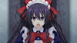 Rule 34 | 1girl, apron, bow, bowtie, date a live, date a live: spirit pledge, game cg, hair bow, long hair, maid, maid apron, maid headdress, official art, open mouth, puffy sleeves, purple eyes, purple hair, red bow, red bowtie, solo, third-party source, v-shaped eyebrows, wire, yatogami tohka