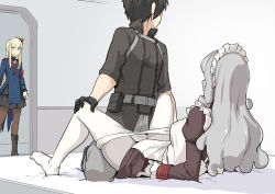 1boy 2girls apron aqua_eyes belt black_gloves black_hair black_headwear black_jacket black_skirt blue_jacket breasts brown_dress clothes_pull colored_skin dress fate/grand_order fate_(series) fujimaru_ritsuka_(male) fujimaru_ritsuka_(male)_(polar_chaldea_uniform) gloves grey_hair grey_pants grey_skin hidden_face jacket juliet_sleeves long_hair long_sleeves looking_back lord_el-melloi_ii_case_files lying maid_headdress medium_breasts multiple_girls no_shoes on_back pants pantyhose pantyhose_pull polar_chaldea_uniform pouch puffy_sleeves reines_el-melloi_archisorte reines_el-melloi_archisorte_(second_ascension) shiseki_hirame short_hair skirt small_breasts spread_legs tilted_headwear trimmau_(fate) walk-in white_legwear