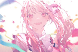 Rule 34 | 1other, :d, akiyama mizuki, bow, bowtie, brooch, collared shirt, commentary request, confetti, flower, hair flower, hair ornament, highres, jewelry, long hair, looking at viewer, nozaki tsubata, open mouth, other focus, pink eyes, pink flower, pink hair, project sekai, shirt, side ponytail, sidelocks, smile, solo, upper body, white bow, white bowtie, white shirt