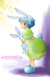 Rule 34 | 1girl, 2001, animal, animal ears, artist name, bad id, blue shoes, dress, full body, green dress, hair ornament, holding, holding animal, holding rabbit, looking at viewer, looking to the side, open mouth, original, rabbit, rabbit ears, rabbit girl, rabbit tail, shoes, short hair, solo, standing, tachibana sakuya (matsurika), tail, white background