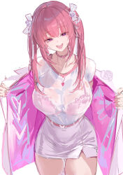 Rule 34 | 1girl, absurdres, blush, bow, breasts, choker, collarbone, dishwasher1910, dorothy (nikke), fingernails, goddess of victory: nikke, hair between eyes, hair bow, hair ribbon, heart, heart choker, heart collar, heart necklace, highres, jacket, jewelry, large breasts, long hair, looking at viewer, nail polish, necklace, open mouth, pink choker, pink eyes, pink hair, pink jacket, pink nails, ribbon, shirt, short sleeves, simple background, sketch, skirt, smile, solo, sweat, teeth, thighs, twintails, upper teeth only, variant set, white background, white bow, white ribbon, white shirt, white skirt