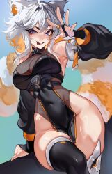 absurdres animal_ears armpits belt black_dress blue_background breasts cleavage colored_inner_hair covered_erect_nipples demenishki detached_sleeves dress fang green_eyes grey_hair hair_intakes highres indie_virtual_youtuber jewelry large_breasts leaning_on_object looking_at_viewer multicolored_hair orange_hair pelvic_curtain purple_eyes red_panda_ears red_panda_girl red_panda_tail ring see-through_clothes skindentation suliavtuber tassel thighhighs tongue tongue_out