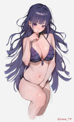 1girl artist_name bare_shoulders between_legs bikini black_ribbon blush breasts cleavage commentary_request cropped_legs duplicate front-tie_bikini_top front-tie_top hand_between_legs hand_up highres honkai_(series) honkai_impact_3rd large_breasts long_hair looking_at_viewer navel neck_ribbon open_mouth purple_bikini purple_eyes purple_hair raiden_mei raiden_mei_(apho) ribbon side-tie_bikini_bottom solo sooon stomach straight_hair swimsuit very_long_hair
