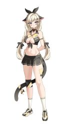1girl absurdres animal_ears arm_strap armpit_crease arms_behind_back bandaid bare_shoulders bell black_choker black_shirt black_skirt blonde_hair blue_eyes bow braid breasts cat_ears cat_tail cheerleader choker cleavage cleavage_cutout closed_mouth clothing_cutout collared_shirt commentary_request commission crop_top front-tie_top full_body hair_bow hair_ribbon highleg highres jingle_bell knee_pads kneehighs korean_commentary large_breasts long_hair looking_at_viewer low_twintails midriff miniskirt navel original panty_straps pleated_skirt ribbon sayan shirt shoes single_knee_pad skirt sleeveless sleeveless_shirt smile sneakers socks solo standing stomach tail thighs twin_braids twintails two-tone_shirt white_socks