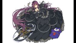 1girl absurdres bebe-tan black_dress black_ribbon breasts dress frilled_dress frills hair_ribbon highres large_breasts long_sleeves murasaki_(senran_kagura) non-web_source official_art pillarboxed prehensile_hair purple_eyes purple_hair ribbon senran_kagura senran_kagura_burst_re:newal solo stuffed_animal stuffed_toy teddy_bear weapon white_background yaegashi_nan