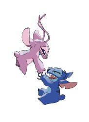angel_(lilo_&amp;_stitch) antennae blue_fur closed_eyes from_side highres lilo_&amp;_stitch no_humans open_mouth pink_fur simple_background stitch_(lilo_&amp;_stitch) white_background zundamoti2002
