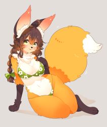 1girl :3 animal_ear_fluff animal_ears animal_feet animal_hands animal_nose arm_support bikini bow braid breasts brown_fur brown_hair floral_print_bikini fox_ears fox_girl fox_tail full_body furry furry_female green_bikini green_bow green_eyes grey_background hair_bow hand_up highres large_breasts long_hair looking_to_the_side lying multicolored_fur navel neck_fur on_side orange_fur original simple_background single_braid smile solo swimsuit tail thick_thighs thighs toconikky white_fur