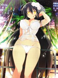 1girl ahoge armband bare_shoulders black_hair blush bow bow_panties breasts bridal_lingerie city city_lights cityscape closed_mouth commentary english_commentary flower frilled_armband frills gluteal_fold groin hair_between_eyes hair_flower hair_ornament highres hyoki_(senran_kagura) hyoki_(senran_kagura) large_breasts lens_flare light_particles lingerie long_hair looking_at_viewer night night_sky official_art palm_leaf palm_tree panties railing rose see-through_clothes senran_kagura senran_kagura_new_wave shiny_skin sky slit_pupils solo sparkle star_(sky) starry_sky tree underwear very_long_hair water_drop wet white_flower white_panties white_rose window yaegashi_nan yellow_eyes