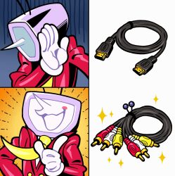 1boy ant_tenna blush_stickers cable cable_tie crt deltarune drakeposting_(meme) gloom_(expression) gloves hand_up hdmi highres jacket male_focus meme necktie object_head pointy_nose rca_connector red_jacket single_blush_sticker smile sparkle vn35214 white_gloves yellow_necktie