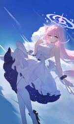 1girl absurdres bare_arms bare_shoulders black_shoes blue_archive blush closed_mouth dress hair_bun hair_ornament hair_scrunchie high_heels highres long_hair looking_at_viewer mika_(blue_archive) pantyhose pink_hair purple_scrunchie reiami scrunchie shoes sidelocks single_side_bun sleeveless sleeveless_dress solo very_long_hair white_pantyhose wrist_scrunchie yellow_eyes