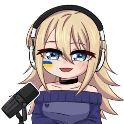 1girl black_choker blonde_hair blue_eyes blue_sweater blush choker collarbone facepaint hair_between_eyes happy headphones henna_(hentaiukr) hentaiukr korzynka_persykiv long_hair microphone non-web_source off_shoulder open_mouth podcast shiny_eyes smile solo sticker sweater transparent_background ukrainian_flag