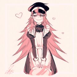 Rule 34 | 1girl, alternate costume, apron, blush, closed mouth, delinquent, enmaided, frilled apron, frills, heart, highres, holding, holding tray, kimi no koto ga dai dai dai dai daisuki na 100-nin no kanojo, long hair, long sleeves, looking at viewer, maid, maid apron, red hair, solo, tomogara saki, tray, white apron
