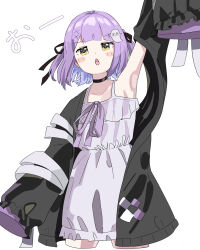1girl absurdres black_choker black_jacket black_ribbon blush choker commentary cropped_legs dress ghost_hair_ornament grey_dress hair_ribbon hashtag-only_commentary highres jacket looking_at_viewer mitche open_mouth purple_hair purple_ribbon ribbon shinomiya_runa shinomiya_runa_(1st_costume) sleeves_past_fingers sleeves_past_wrists solo virtual_youtuber vspo! white_background yellow_eyes