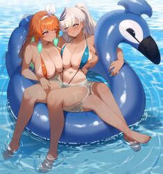 2girls areola_slip bare_legs blue_slingshot_swimsuit blush braid braided_bangs breasts cleavage collarbone colored_inner_hair commission earrings feather_earrings feather_hair_ornament feathers grabbing_another&#039;s_breast gradient_hair green_eyes green_nails grin groping hair_ornament hair_ribbon hairband high_ponytail highres hololive hololive_english hololive_indonesia hug huge_breasts innertube jewelry kaiend large_breasts long_hair looking_at_another multicolored_hair multiple_girls nail_polish navel navel_piercing one-piece_tan orange_hair orange_slingshot_swimsuit pavolia_reine piercing ponytail purple_eyes red_nails ribbon shiny_skin sitting sitting_on_person slingshot_swimsuit smile swim_ring swimsuit takanashi_kiara tan tanline virtual_youtuber water wet white_hair white_hairband white_ribbon yuri