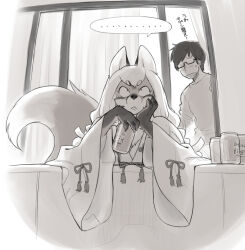 ... 1boy 1girl balcony beer_can body_fur can claws commentary_request drink_can fox_girl furry furry_female greyscale japanese_clothes kikurage_(crayon_arts) kimono long_hair miko monochrome original outdoors spoken_ellipsis tail translation_request upper_body