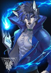 1boy black_background black_fur black_hair blue_eyes blue_fire blue_jacket claws commission dog_boy fire furry furry_male hand_up jacket looking_at_viewer male_focus open_clothes open_jacket original pyrokinesis sammy_(freezingsammy) short_hair simple_background solo toned toned_male upper_body vgen_commission