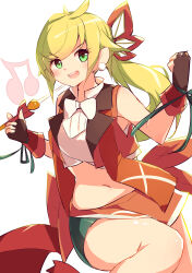 1girl absurdres bare_shoulders bike_shorts blonde_hair blush boots bow bowtie breasts brown_boots brown_gloves closed_eyes commentary_request cowboy_shot crop_top duel_monster earrings fasolfachord_fancia floating gloves green_eyes green_ribbon hair_ornament hair_ribbon highres holding holding_staff instrument jewelry kanzakietc long_hair looking_at_viewer midriff musical_note navel open_clothes open_mouth open_vest pearl_earrings ponytail red_skirt red_vest ribbon shirt shoes shorts shorts_under_skirt sidelocks skirt sleeveless sleeveless_shirt small_breasts solo staff standing teeth upper_teeth_only vest white_background white_bow white_bowtie white_shirt yu-gi-oh!