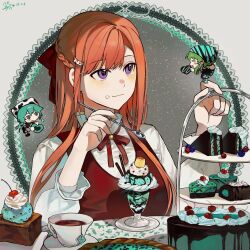 1boy 2girls alternate_costume alternate_hairstyle aqua_eyes aqua_hair blueberry blush bow braid cake cake_slice cherry chibi chidouin_sara chocolate_cake chocolate_syrup closed_eyes closed_mouth cup dessert food food_on_face fruit green_hair hair_bow hair_down hair_ornament hairclip hashtag-only_commentary heart high_collar highres hiyori_sou holding holding_heart holding_spoon ice_cream kimi_ga_shine kizuchi_kanna lace_ribbon long_hair long_sleeves looking_at_another mint_chocolate multiple_girls neck_ribbon open_mouth orange_hair parfait parted_bangs pie pudding puffy_sleeves purple_eyes red_bow red_ribbon red_vest ribbon shirt side_part sidelocks smile spoon tea teabag teacup tiered_tray upper_body vest wafer_stick whipped_cream white_shirt yellowmao0509