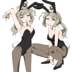 1girl absurdres animal_ear_hairband animal_ears arms_up beer_can between_legs black_pantyhose black_shoes blush breasts can character_request cleavage copyright_request detached_collar drink_can fake_animal_ears fake_tail grey_hair hairband hand_between_legs high_heels highres jitome leotard multiple_views pantyhose playboy_bunny ponytail rabbit_ear_hairband rabbit_ears rabbit_tail shoes simple_background squatting standing tail tsukumizu_yuu white_background wrist_cuffs