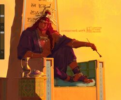 1boy beard braid colored_skin commission earrings facial_hair food fruit ganondorf gold_necklace gold_trim grapes hair_over_shoulder headpiece highres jewelry kurdupl long_hair male_focus muscular muscular_male necklace nintendo pitcher_(container) purple_robe red_hair red_skin robe side_braid sitting solo the_legend_of_zelda the_legend_of_zelda:_tears_of_the_kingdom throne toe_ring twitter_username