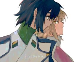 Rule 34 | 1boy, 1girl, athrun zala, blonde hair, blue hair, cagalli yula athha, green eyes, gundam, gundam seed, jacket, military jacket, military uniform, she (morianosu), short hair, simple background, smile, upper body, white background, yellow eyes