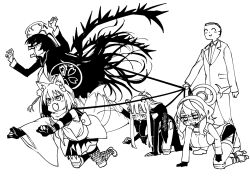 1boy 4girls ako_(blue_archive) all_fours anger_vein animal_ear_fluff animal_ears bell black_dress black_hair black_wings blue_archive blush breasts closed_eyes closed_mouth commentary_request doodle_sensei_(blue_archive) dress drooling embarrassed fang fishnet_thighhighs fishnets formal_clothes fox_hair_ornament fox_tail full_body hair_ornament hairband halo hitotose_rin holding holding_leash izuna_(blue_archive) knee_pads large_breasts leash long_hair long_sleeves male_sensei_(blue_archive) monochrome multiple_girls neck_bell necktie open_mouth red_eyes red_scarf scarf sensei_(blue_archive) shirt shun_(blue_archive) sideboob sidelocks simple_background skin_fang skirt smile suit tail tail_wagging thighhighs tsurugi_(blue_archive) twitter walking white_background wings yellow_eyes