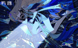 1girl absurdres bare_legs bare_shoulders black_collar black_dress blonde_hair blue_eyes cartethyia_(wuthering_waves) collar crown_of_thorns crying crying_with_eyes_open dress earrings from_above glass_shards highres jewelry legs lihuahuahua logo long_hair lying missing_commentary multiple_earrings necklace on_side parted_lips pointy_ears rain sandals solo tabard tacet_mark_(wuthering_waves) tears white_tabard wuthering_waves