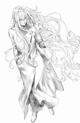 1girl buttons closed_mouth coat commentary_request greyscale hair_between_eyes hand_in_pocket highres holding_snowflake long_coat long_hair long_sleeves monochrome ny1n_49 original shoes simple_background snowflakes solo very_long_hair wavy_hair white_background