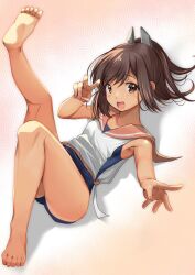 Rule 34 | 1girl, absurdres, barefoot, blue one-piece swimsuit, blush, breasts, brown eyes, brown hair, gradient background, highres, i-401 (kancolle), kantai collection, looking at viewer, one-piece swimsuit, open mouth, ponytail, sailor collar, school swimsuit, school uniform, serafuku, shirt, short hair, short ponytail, sleeveless, smile, solo, swimsuit, swimsuit under clothes, tan, yashin (yasinz)