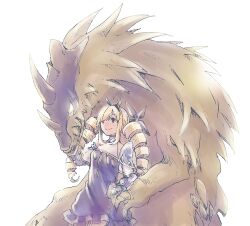 Rule 34 | 1girl, another eden, armor, bare shoulders, black hairband, black ribbon, blonde hair, blush, bow hairband, breasts, closed mouth, clothing cutout, commentary request, cowboy shot, detached sleeves, diagonal bangs, diamond cutout, dress, drill hair, frilled dress, frills, gauntlets, glowing, glowing eyes, gold trim, hair ribbon, hairband, halter dress, halterneck, hand up, hatching (texture), horns, linear hatching, long hair, medium breasts, michibata 65, monster, parted bangs, pauldrons, purple dress, red eyes, ribbon, short sleeves, shoulder armor, sidelocks, simple background, single pauldron, sleeveless, sleeveless dress, smile, standing, tiramisu (another eden), turtleneck, turtleneck dress, twin drills, white background