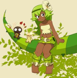 Rule 34 | 1girl, amalia sheran sharm, ankama, barefoot, brown eyes, dark skin, doll, feet, fen (gunpura), flower, green hair, gunpura, long hair, md5 mismatch, midriff, navel, plant, sadida, sadida f, smile, toes, tree of life (wakfu), wakfu