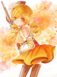10s 1girl bad_id bad_pixiv_id beret blonde_hair breasts brown_thighhighs corset detached_sleeves drill_hair female_focus fingerless_gloves gloves gun hair_ornament hairpin hat ichitaro large_breasts magical_girl magical_musket mahou_shoujo_madoka_magica mahou_shoujo_madoka_magica_(anime) musical_note orange_background orange_skirt orange_theme pleated_skirt puffy_sleeves ribbon rifle shirt skirt solo striped_clothes striped_thighhighs taut_clothes taut_shirt thighhighs tomoe_mami tomoe_mami_(magical_girl) twin_drills twintails vertical-striped_clothes vertical-striped_thighhighs weapon yellow_eyes zettai_ryouiki