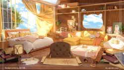 bed blue_sky book book_stack cat chair cloud curtains day envelope feathers indoors inkwell map no_humans original painting_(object) pen pillow plant quill sanxian_(wufs4222) scenery shelf sky suitcase sunlight tree wax_seal