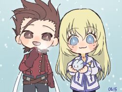 Rule 34 | 1boy, 1girl, :3, blonde hair, blush, brown eyes, brown hair, chibi, chibi only, colette brunel, gloves, happy, holding, lloyd irving, long hair, open mouth, red gloves, simple background, smile, snow rabbit, snowing, spiked hair, standing, sugara 10, tales of (series), tales of symphonia