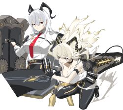 1girl absurdres arm_pouch arm_strap armband black_armband black_choker black_eyes black_gloves black_horns black_pants black_pouch blonde_hair breasts chest_harness choker closed_mouth collarbone collared_shirt commentary_request curled_horns gloves greatsword hair_between_eyes harness highres holding holding_shield holding_sword holding_weapon horns large_breasts looking_ahead looking_at_viewer multiple_views necktie nun178089 pants red_necktie red_pupils shield shirt shirt_tucked_in simple_background sitting sword torn_clothes torn_shirt weapon white_background white_hair white_shirt wuthering_waves zani_(wuthering_waves)