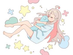 1girl ahoge bare_legs barefoot c: closed_eyes commentary feet full_body genderswap genderswap_(mtf) hair_spread_out highres hugging_object light_blush long_hair no_pants nuurise2023 onii-chan_wa_oshimai! oversized_clothes oversized_shirt oyama_mahiro pink_hair shirt simple_background smile solo star_(symbol) stuffed_toy t-shirt toes white_background white_shirt