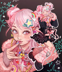 Rule 34 | 1girl, ^ ^, absurdres, bead necklace, beads, black background, black bow, black jacket, black shoes, black skirt, bow, closed eyes, collared shirt, commentary, english commentary, eyelashes, frilled bow, frilled skirt, frills, frogenyoghurt, full body, fur-trimmed jacket, fur leg warmers, fur trim, grin, hair ornament, hair scrunchie, hairclip, hand on own cheek, hand on own face, happy, heart, heart hair ornament, high heels, highres, infinity nikki, jacket, jewelry, leg warmers, light blush, lipstick, long hair, long sleeves, makeup, miniskirt, multicolored hair, multiple views, necklace, nikki (series), outline, pink arm warmers, pink eyes, pink hair, pink leg warmers, pink lips, pink scrunchie, pink shirt, plaid clothes, plaid skirt, platform shoes, rainbow hair ornament, rosie sweetheart (infinity nikki), scrunchie, shirt, shoes, simple background, skirt, smile, star (symbol), star hair ornament, two-tone hair, two side up, upper body, waist bow, white outline, x hair ornament, y2k fashion