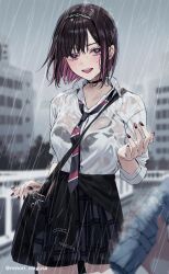 2girls bag bike_shorts_under_skirt black_bag black_bra black_cardigan black_choker black_hair black_hairband black_nails black_necktie black_shorts blurry blurry_background blurry_foreground bra bra_visible_through_clothes breasts building cardigan cardigan_around_waist chigusa_minori choker clothes_around_waist collared_shirt colored_inner_hair commentary_request depth_of_field diagonal-striped_clothes diagonal-striped_necktie dress_shirt folding_umbrella gradient_nails grey_skirt hairband highres holding holding_umbrella looking_at_viewer medium_breasts multicolored_hair multiple_girls nail_polish necktie open_mouth outdoors pink_hair plaid_clothes plaid_skirt pleated_skirt pov pov_hands purple_nails rain saotome_shino_(shino_to_ren) school_bag school_uniform shino_to_ren shirayuki_ren shirt short_hair shorts shoulder_bag skirt smile solo_focus striped_clothes teeth textless_version three-quarter_sleeves twitter_username two-tone_hair two-tone_necktie umbrella underwear upper_teeth_only wet wet_clothes wet_hair wet_shirt white_shirt