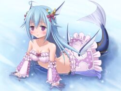 1girl ahoge all_fours bare_shoulders blue_hair emil_chronicle_online frilled_skirt frilled_sleeves frills hair_ornament horns looking_at_viewer lorelei_lore mermaid monster_girl partially_submerged purple_eyes red_ribbon ribbon skirt takanashi_tsukasa
