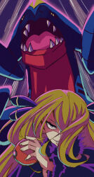 Rule 34 | 1girl, 70b (rcwd), black coat, black sclera, blonde hair, blue background, close-up, coat, colored sclera, cynthia (pokemon), dragon, fur-trimmed coat, fur-trimmed sleeves, fur collar, fur trim, garchomp, gen 4 pokemon, grey eyes, grin, hair flowing over, hair ornament, hair over one eye, holding, holding poke ball, lips, long hair, long sleeves, looking at viewer, nintendo, pink light, poke ball, poke ball (basic), pokemon, pokemon (creature), roaring, sharp teeth, smile, spotlight, teeth, very long hair, yellow eyes