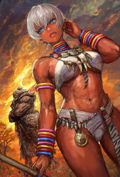 1boy 1girl akuma_(street_fighter) armlet bikini blue_eyes bracelet breasts cloud commentary_request crossed_arms dark-skinned_female dark-skinned_male dark_skin earrings elena_(street_fighter) highres jewelry linea_alba lips medallion miche muscular muscular_male navel neck_ring necklace short_hair standing stomach street_fighter street_fighter_6 sunset swimsuit thighs toned toned_female tree underboob white_hair