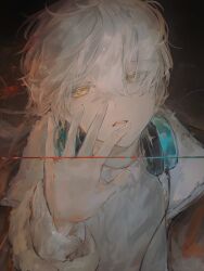 Rule 34 | 1boy, absurdres, alternate costume, commentary, hair between eyes, hand up, headphones, headphones around neck, highres, honseie, jacket, looking at viewer, male focus, mole, mole under mouth, parted lips, portrait, punishing: gray raven, red jacket, shirt, solo, symbol-only commentary, wanshi (pgr), white hair, white shirt, yellow eyes