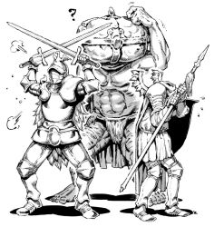 3boys ? abs arm_armor arm_up armor arms_up banished_knight breastplate commentary_request elden_ring facing_to_the_side flying_sweatdrops from_side full_body gauntlets hands_up headless helmet holding holding_polearm holding_sword holding_weapon ireading knight leg_armor loincloth looking_to_the_side mausoleum_knight multiple_boys muscular muscular_male polearm puff_of_air pumpkin_head_(elden_ring) shadow shield shoulder_armor signature simple_background sword weapon white_background